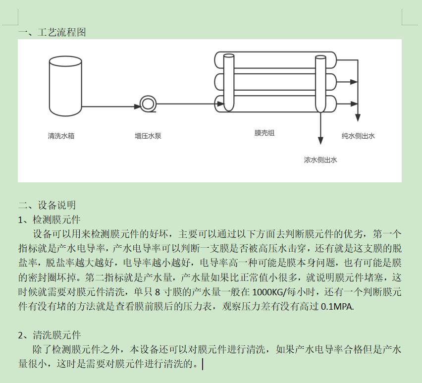 平阴ro洗膜机工艺流程图及工艺说明
